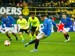Rangers' James Tavernier scores their first goal from the penalty spot on February 17, 2022 