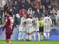 Juventus' Matthijs de Ligt celebrates scoring their first goal with teammates on February 18, 2022