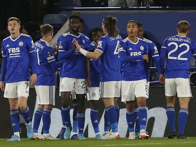 Leicester City's Wilfred Ndidi celebrates scoring their first goal with teammates on February 17, 2022