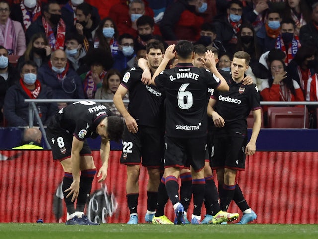 Levante's Gonzalo Melero celebrates scoring their first goal on February 16, 2022
