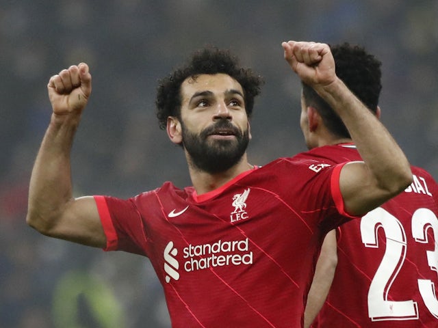 Liverpool's Mohamed Salah celebrates scoring their second goal on February 16, 2022
