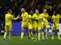 Nantes' Quentin Merlin celebrates scoring their second goal with teammates on February 19, 2022