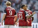 Nice's Justin Kluivert celebrates scoring their first goal with teammates on February 20, 2022