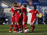 Norway Women's Celin Bizet Ildhusoy celebrates scoring their first goal with Tuva Hansen and teammates on February 20, 2022
