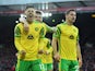 Norwich City's Milot Rashica celebrates scoring their first goal with teammates on February 19, 2022