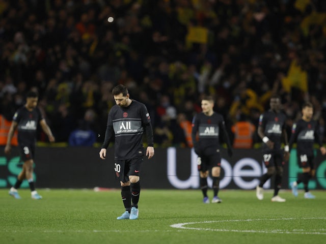Paris Saint-Germain's  Lionel Messi reacts after Nantes' Ludovic Blas scored their third goal  on February 19, 2022