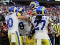 Los Angeles Rams' Cooper Kupp celebrates scoring a touchdown with Matthew Stafford and teammates on February 13, 2022