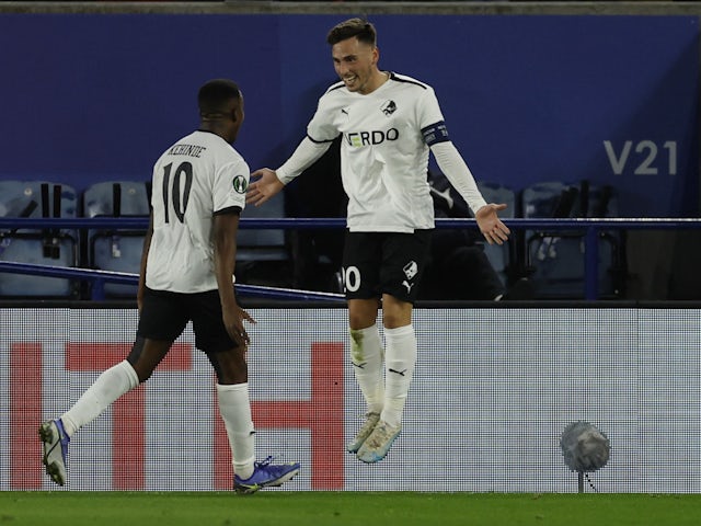 Randers FC's Vito Hammershoy-Mistrati celebrates scoring their first goal with Tosin Kehinde on February 17, 2022