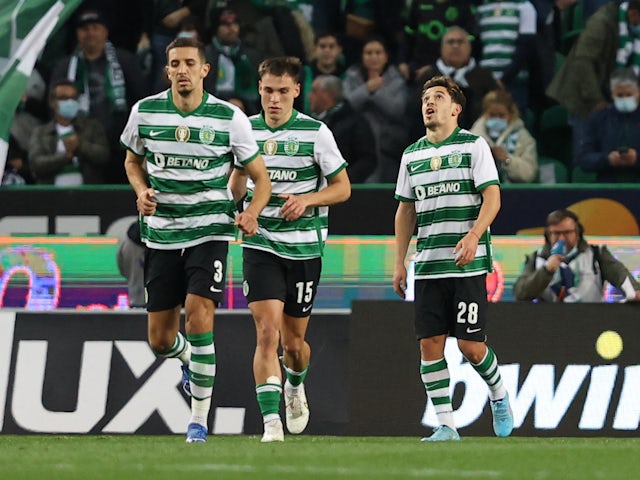 Sporting Lisboa's Pedro Goncalves celebrates after scoring his first goal on 20 February 2022