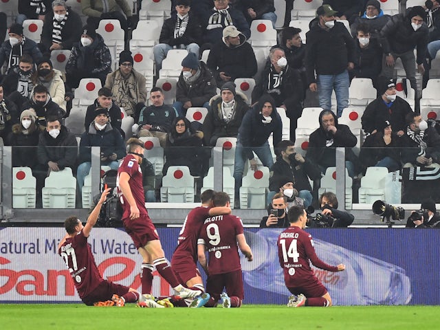 Torino's Andrea Belotti celebrates scoring their first goal with teammates on February 18, 2022