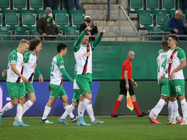 Rapid Vienna's Ferdy Druijf celebrates scoring their first goal  on February 17, 2022