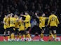 Wolverhampton Wanderers' Hwang Hee-Chan celebrates scoring their first goal with teammates on February 24, 2022