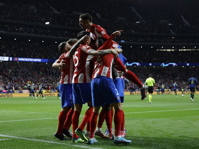 Atletico Madrid's Joao Felix celebrates scoring their first goal with teammates on February 23, 2022