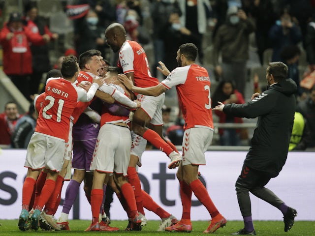 Braga players celebrate after winning the penalty shoot-out on February 24, 2022