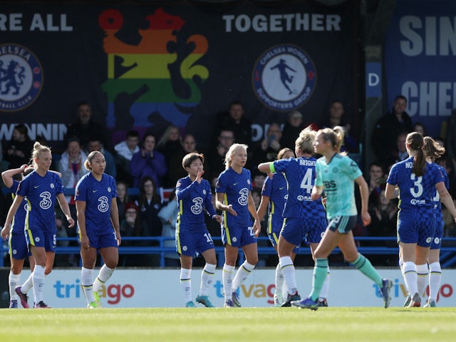 Chelsea Women's Pernille Harder celebrates scoring their first goal with teammates on February 26, 2022