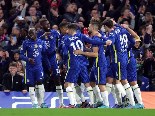 Chelsea's Kai Havertz celebrates scoring their first goal with teammates on February 22, 2022