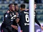 Juventus' Moise Kean celebrates scoring their first goal with Denis Zakaria, Danilo and Dusan Vlahovic on February 26, 2022