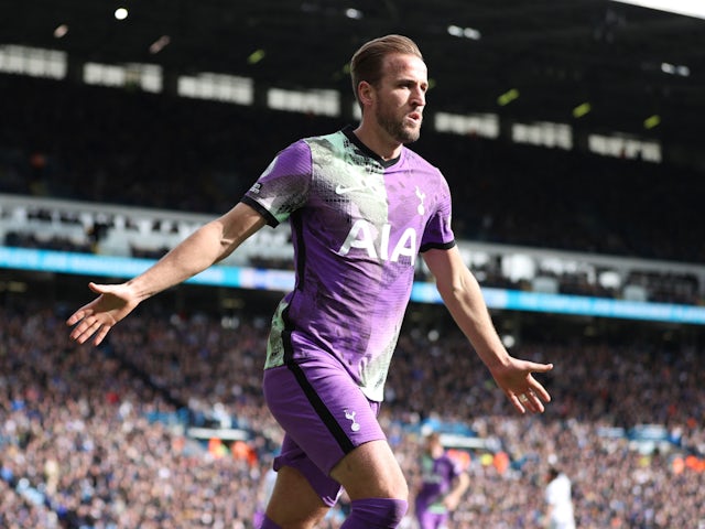 Harry Kane celebrates scoring for Tottenham Hotspur in February 2022