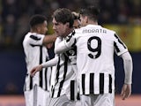 Juventus' Dusan Vlahovic celebrates scoring their first goal with Alvaro Morata on February 22, 2022
