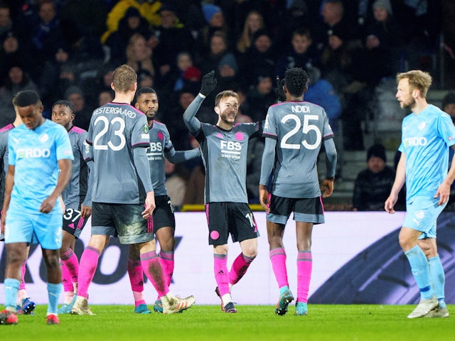 Leicester City's James Maddison celebrates scoring a goal with teammates on February 24, 2022