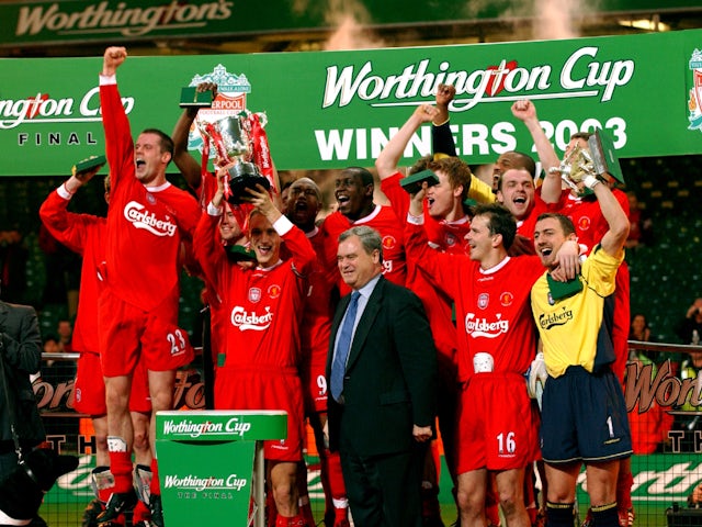 Liverpool celebrate winning the 2002-03 EFL Cup in February 2003