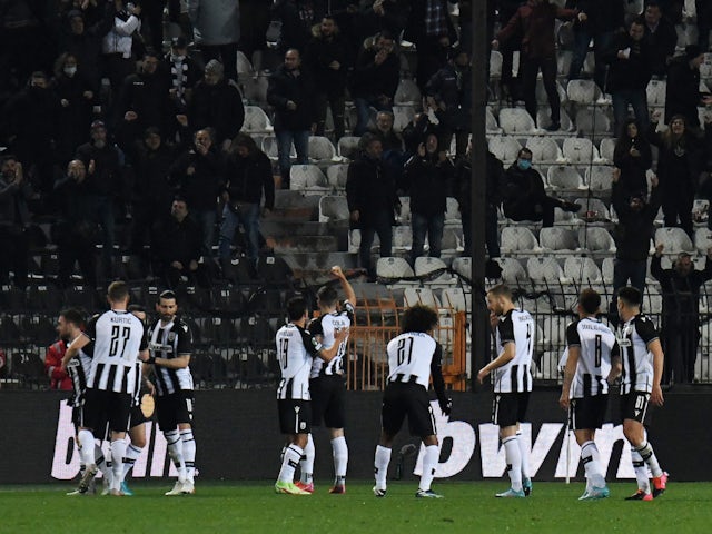 PAOK's Andrija Zivkovic celebrates scoring their first goal with teammates on February 24, 2022