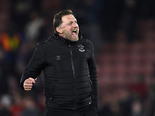 Southampton manager Ralph Hasenhuttl celebrates after the match on February 25, 2022