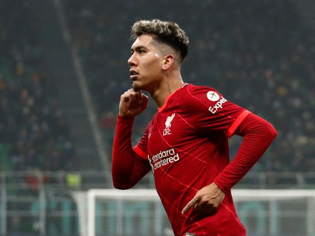 Roberto Firmino celebrates scoring for Liverpool against Inter Milan in February 2022