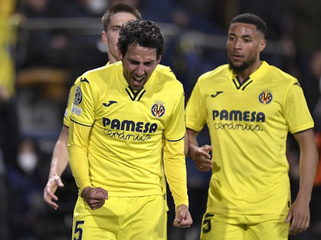 Villarreal's Dani Parejo celebrates scoring their first goal with Arnaut Danjuma on February 22, 2022
