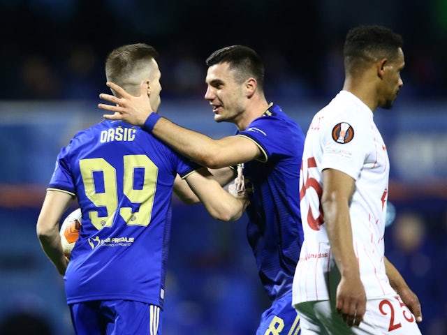 Dinamo Zagreb's Mislav Orsic celebrates scoring their first goal on February 24, 2022