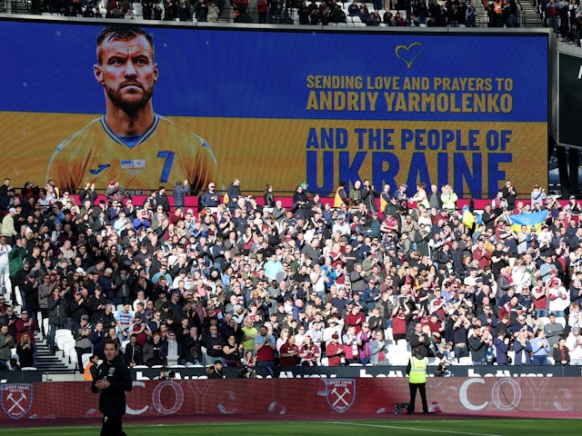 General view as West Ham United's Andriy Yarmolenko is seen on the screen with a message in support of Ukraine before the match on February 27, 2022
