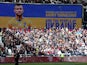 General view as West Ham United's Andriy Yarmolenko is seen on the screen with a message in support of Ukraine before the match on February 27, 2022