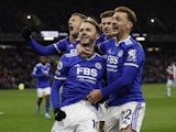Leicester City's James Maddison celebrates scoring their first goal with teammates on March 1, 2022