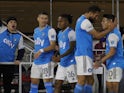 Charlotte FC forward Christian Ortiz (10) celebrates with Charlotte FC defender Guzm‡n Corujo (4) after scoring an apparent goal against the D.C. United in the first half at Audi Field. The goal was reversed on VAR on February 26, 2022