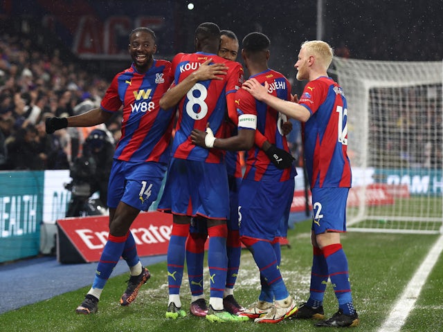 Crystal Palace's Cheikhou Kouyate celebrates scoring their first goal with teammates on March 1, 2022