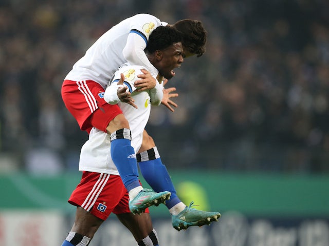 Hamburg SV's Faride Alidou and Ludovit Reis celebrates scoring their second goal on March 2, 2022
