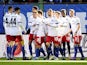 Hamburg SV's Jonas Meffert celebrates scoring their first goal with teammates on February 27, 2022