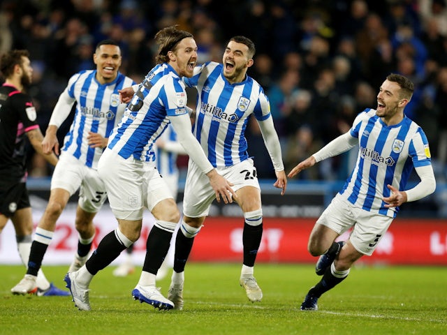 Huddersfield Town's Danel Sinani celebrates scoring their first goal on March 4, 2022