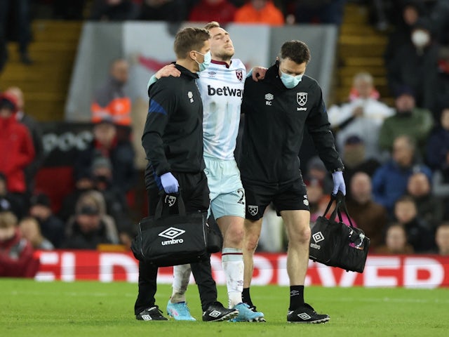 West Ham United's Jarrod Bowen leaves the pitch after sustaining an injury on March 5, 2022 