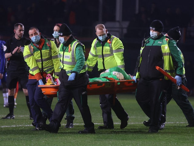 Luton Town's Jed Steer is carried off on a stretcher after sustaining an injury on March 2, 2022