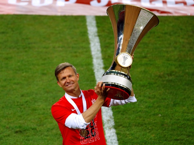 Red Bull Salzburg head coach Jesse Marsch celebrates with the Austrian Cup on May 29, 2020