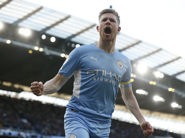 Manchester City's Kevin De Bruyne celebrates scoring their first goal on March 6, 2022