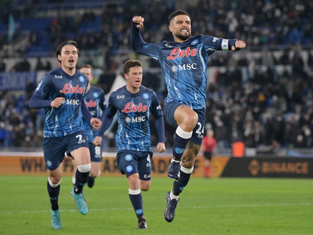 Napoli's Lorenzo Insigne celebrates scoring their first goal on February 27, 2022