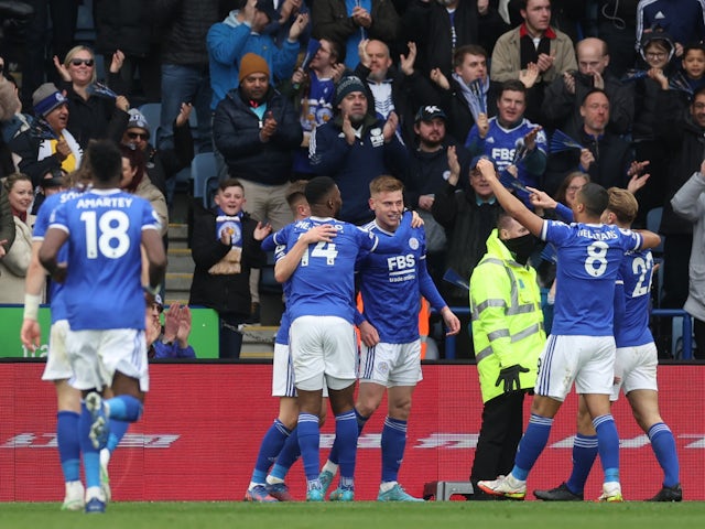 Leicester City's Harvey Barnes celebrates scoring their first goal with teammates on March 5, 2022