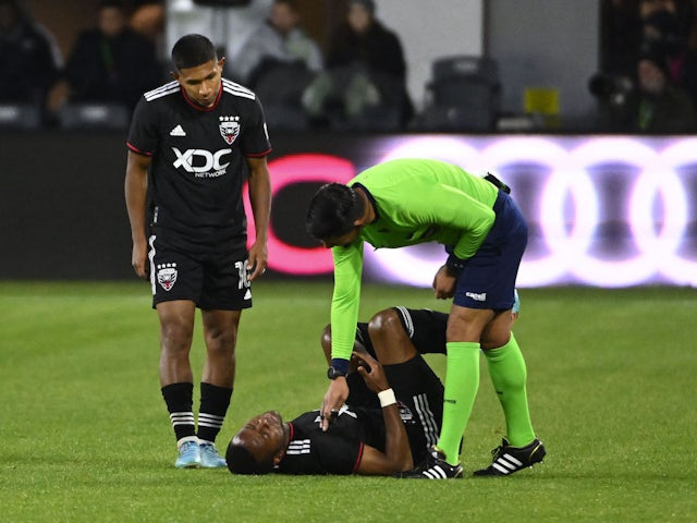 DC United forward Michael Estrada (7) lies on the field in the first half on February 26, 2022