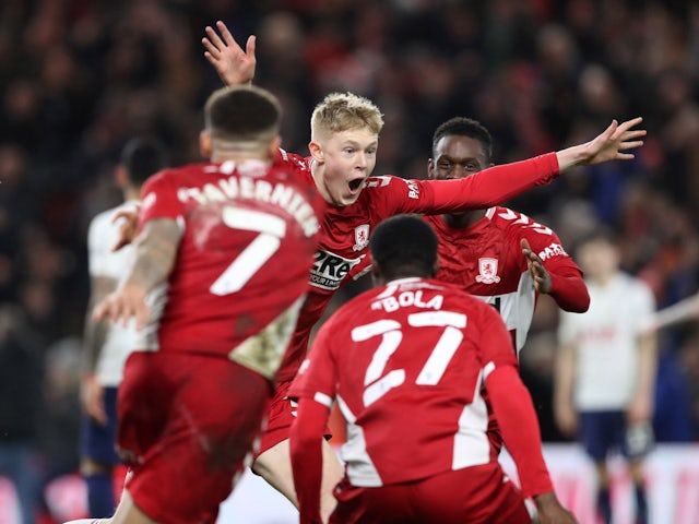 Middlesbrough's Josh Coburn celebrates scoring their first goal with teammates on March 1, 2022
