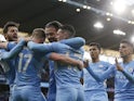 Manchester City's Kevin De Bruyne celebrates scoring their second goal with Bernardo Silva, Jack Grealish and Phil Foden on March 6, 2022