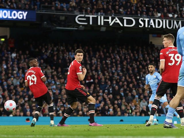 Manchester City's Riyad Mahrez scores their third goal on March 6, 2022