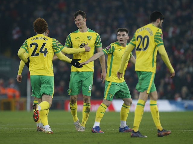 Norwich City's Lukas Rupp celebrates scoring their first goal with teammates on March 2, 2022