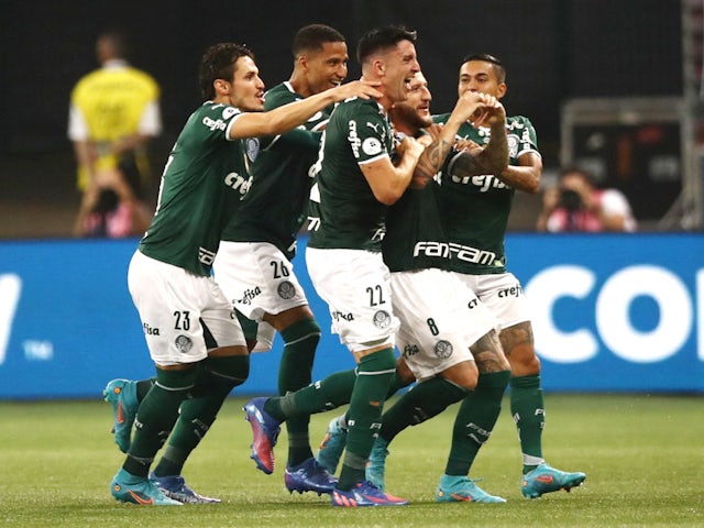 Palmeiras' Ze Rafael celebrates scoring their first goal with teammates on March 2, 2022